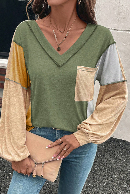 Jungle Green Exposed Stitching Colorblock V Neck Long Sleeve Top