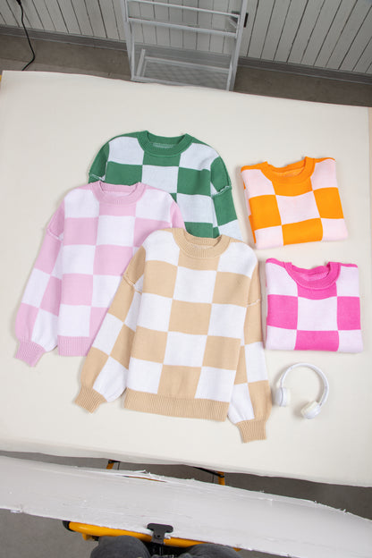 Rose Checkered Bishop Sleeve Sweater