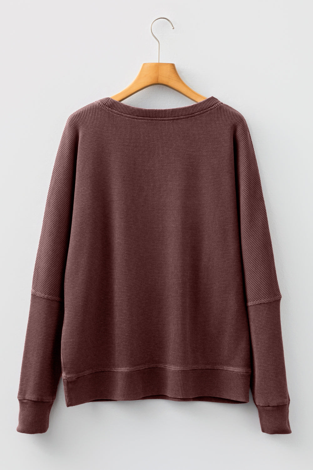Dark Brown Waffle Knit Patchwork Long Sleeve Loose Top