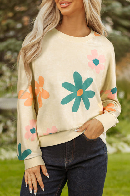 Khaki Mineral Washed French Terry Flower Print Sweatshirt