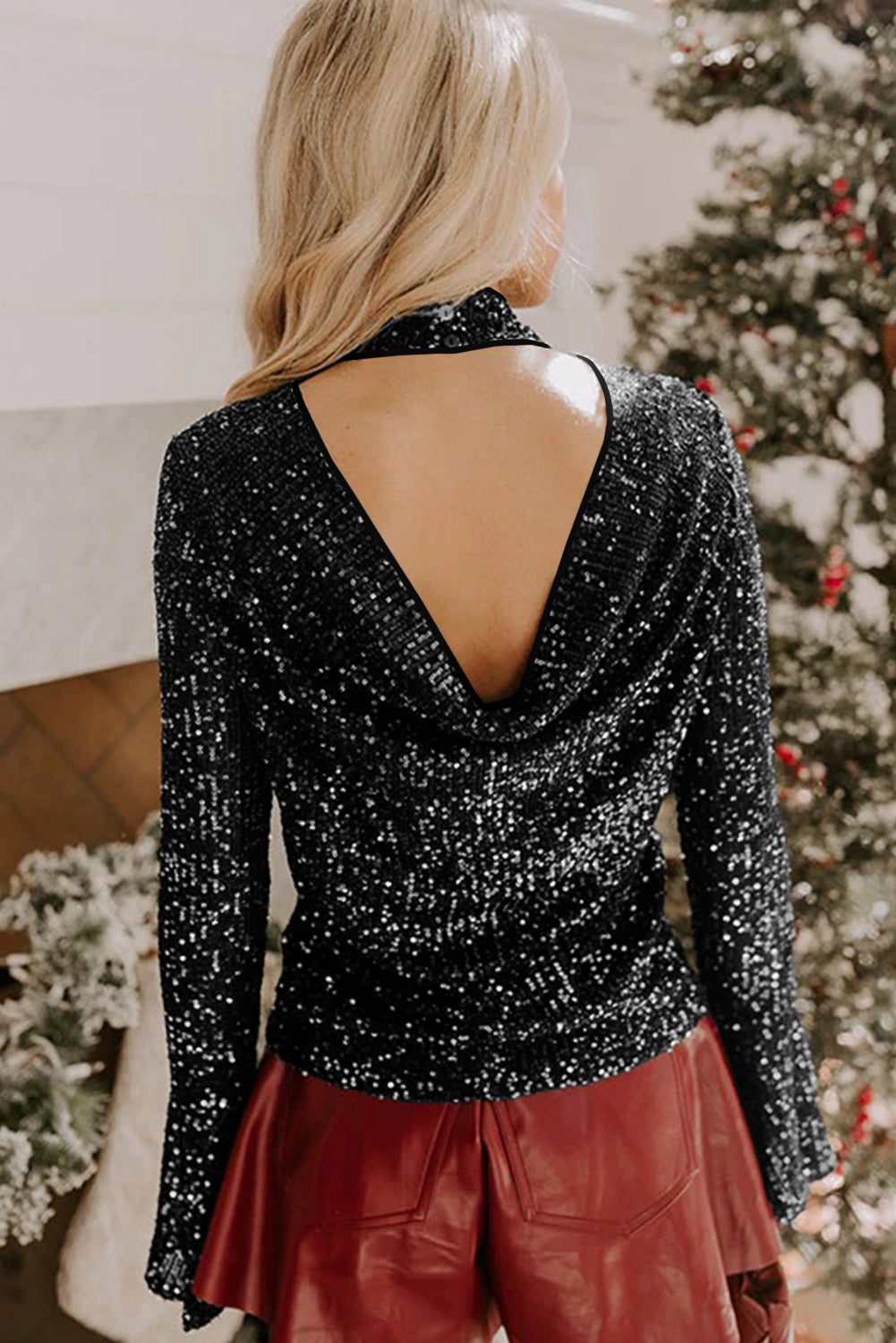 Black Sequin Mock Neck Drape Open Back Bell Sleeve Top