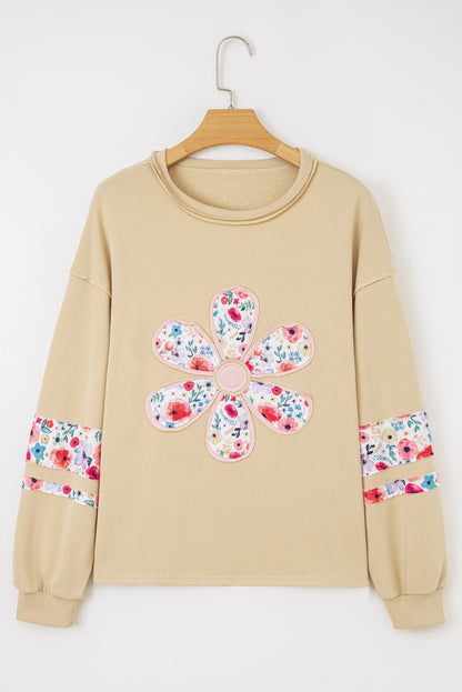 Pale Khaki Floral Applique Baggy Pullover Sweatshirt