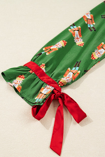 Green Christmas Candy Contrast Trim Bow Knot Silky 2pcs Pajama Set