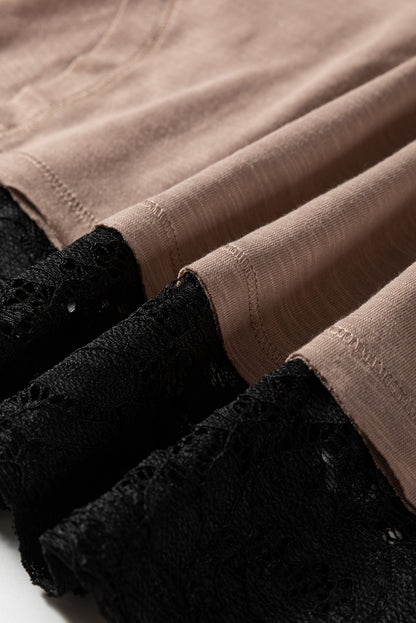 Light French Beige Sheer Lace Patchwork Casual Long Sleeve Tee