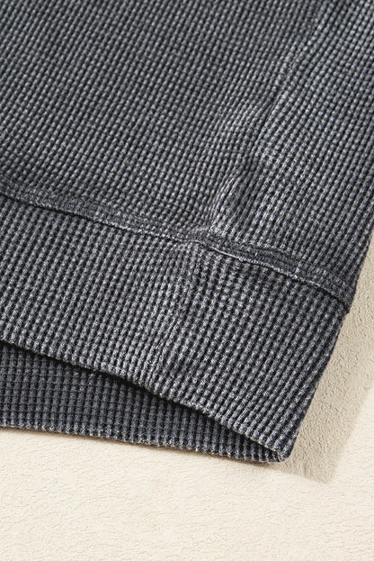 Dark Grey Waffle Knit Patchwork Long Sleeve Loose Top