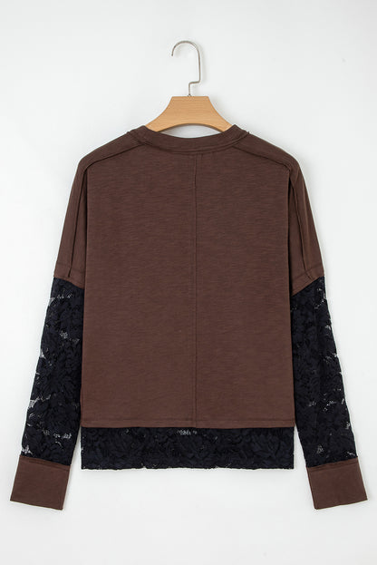Dark Brown Sheer Lace Patchwork Casual Long Sleeve Tee