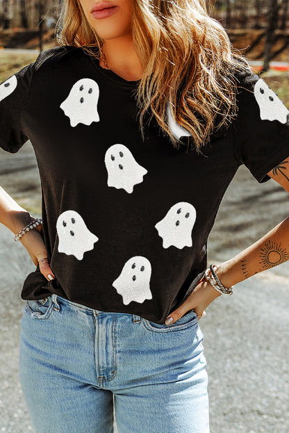 Black Sequin Halloween Ghost Patched Casual T Shirt