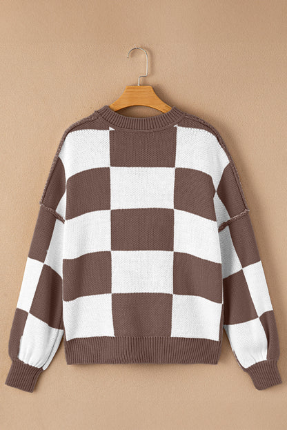 Dark Brown Checkered Bishop Sleeve Sweater