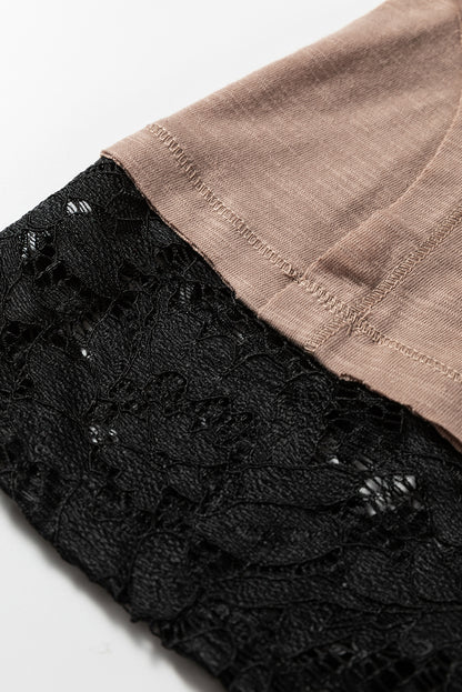 Light French Beige Sheer Lace Patchwork Casual Long Sleeve Tee