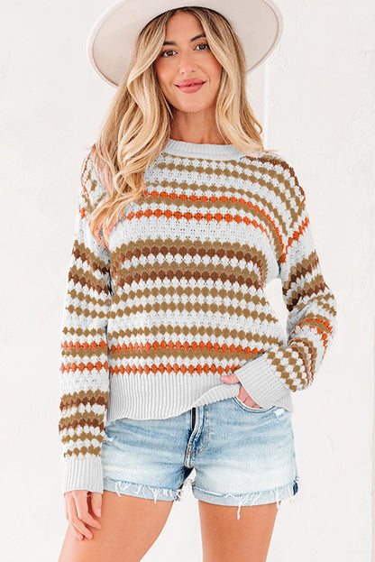 Brown Stripe Eyelet Patterned Drop Shoulder Sweater