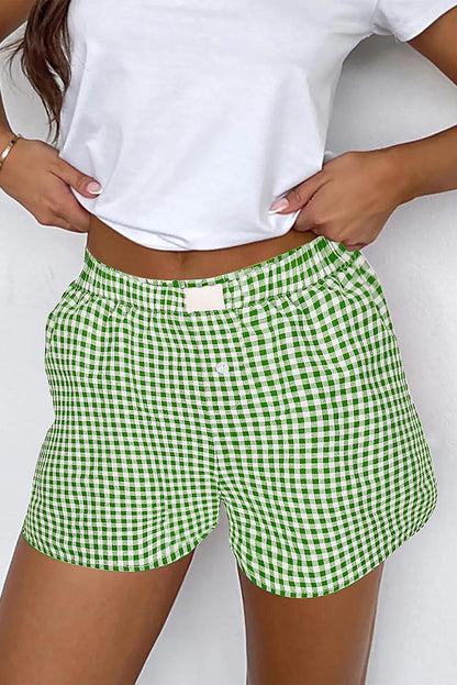 Fern Green Gingham Printed High Waist Shorts