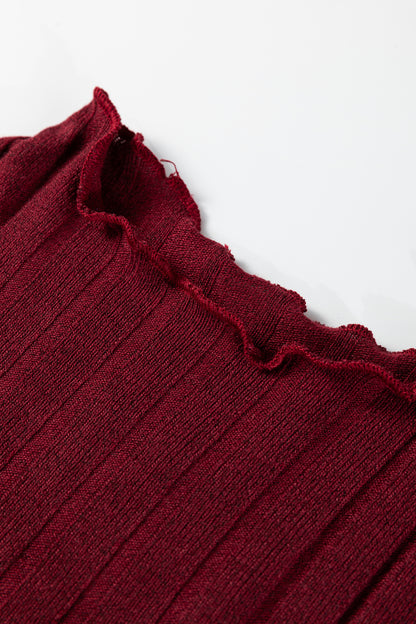 Red Dahlia Frilled Neck Ribbed Knit Patchwork Long Sleeve Mini Dress