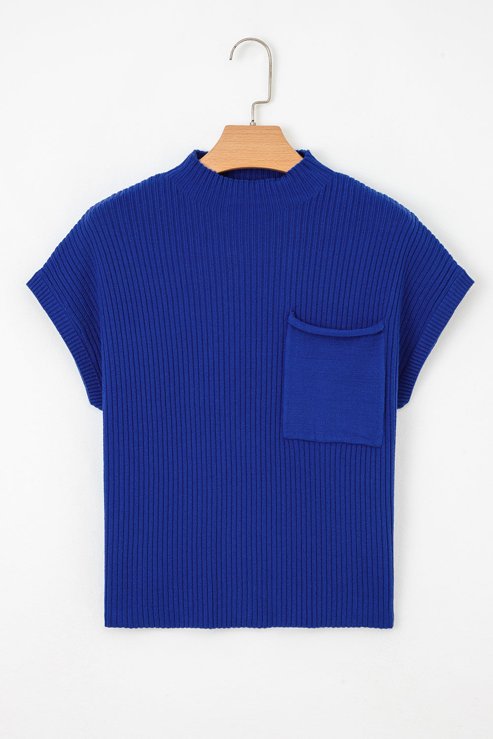Dark Blue Patch Pocket Ribbed Knit Short Sleeve Sweater