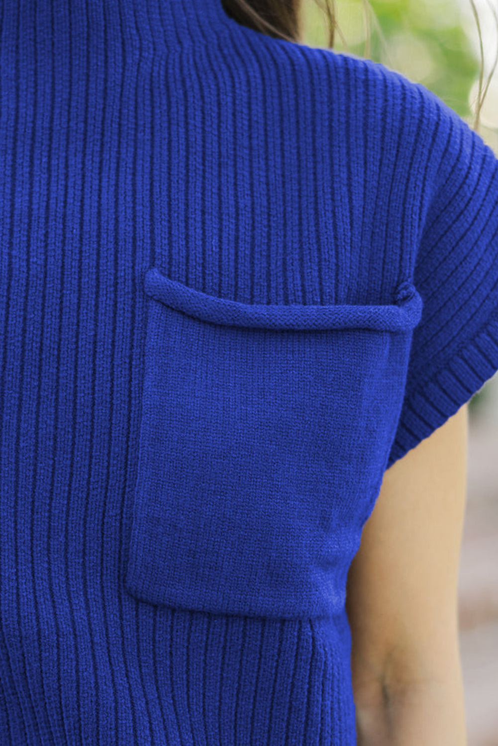 Dark Blue Patch Pocket Ribbed Knit Short Sleeve Sweater