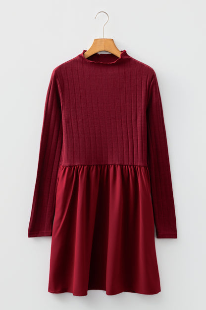 Red Dahlia Frilled Neck Ribbed Knit Patchwork Long Sleeve Mini Dress