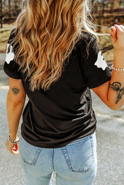 Black Sequin Halloween Ghost Patched Casual T Shirt