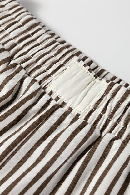Brown Stripe Elastic High Waist Pocketed Loose Pants