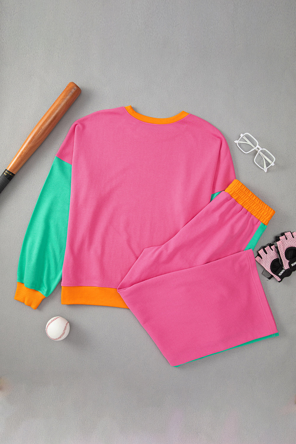 Rose Red 2pcs Color Block Pullover Loose Pant Set