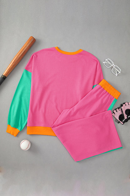 Rose Red 2pcs Color Block Pullover Loose Pant Set