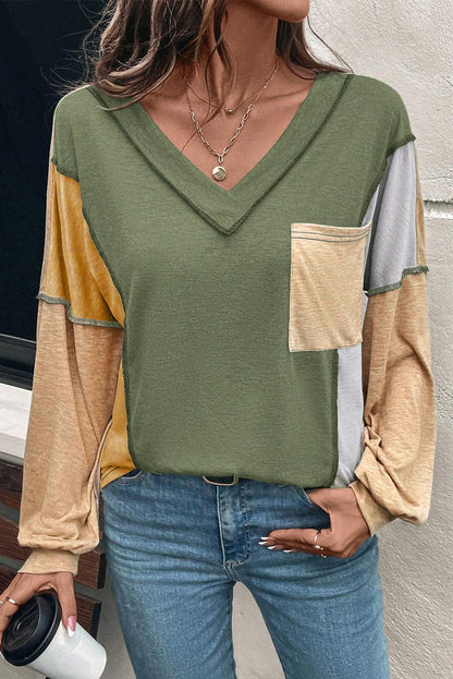 Jungle Green Exposed Stitching Colorblock V Neck Long Sleeve Top