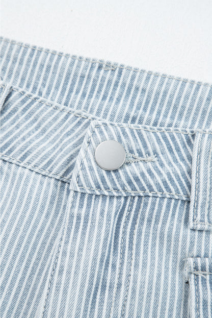 Sky Blue Stripe Button Flap Pocket Cuffed Hem Wide Leg Jeans