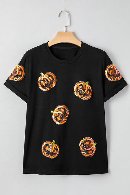 Black Sequin Pumpkin Face Halloween T Shirt