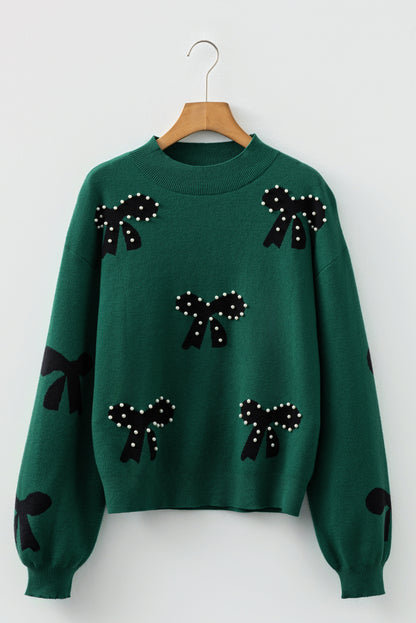 Blackish Green Pearl Embellished Bow Pattern Loose Sweater