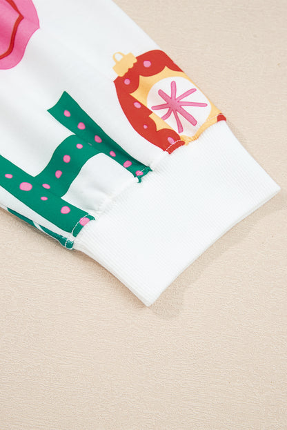 White Plus Size Christmas Ho Ho Ho Print Long Sleeve Top and Shorts 2pc Lounge Set