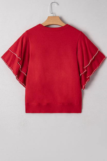 Racing Red Pearl Embellished Double Ruffle Short Sleeve Sweater