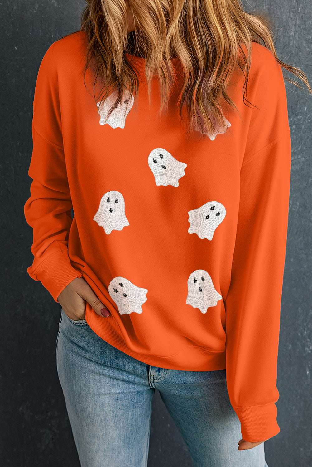 Orange Sequin Halloween Ghost Patched Drop Shoulder Sweatshirt