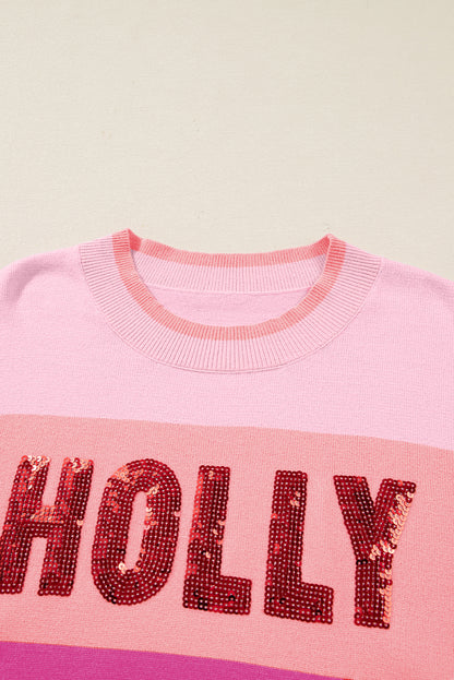 Pink Sequined HOLLY JOLLY Color Block Crew Neck Sweater
